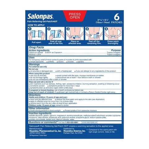 Salonpas, Pain Relieving Gel-Patch Hot, 6 each Salonpas