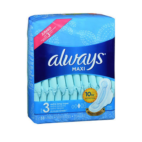 Always Discreet, Maxi Size 3 Feminine Pads With Wings Extra Long Super Absorbency Unscented, 33 Each Always Discreet