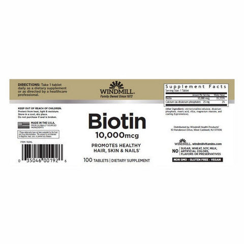 Windmill Health, Biotin, 10000mcg, 100 Tabs Windmill Health