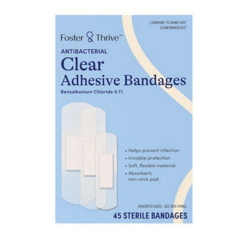 Foster And Thrive, Antibacterial Clear Adhesive Bandages Benzalkonium Chloride 0.1% Assorted Sizes, 45 Count Foster And Thrive