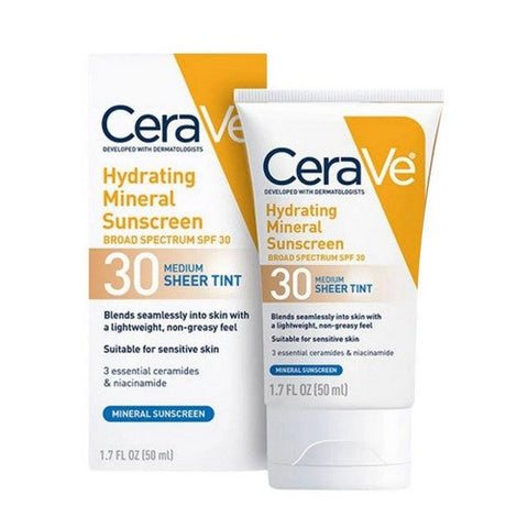 Cerave, Hydrating Mineral Sunscreen Spf 30 Face Sheer Tint Shade Medium, 1.7 Oz